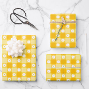 Yellow Chequered Floral Wrapping Paper Sheet