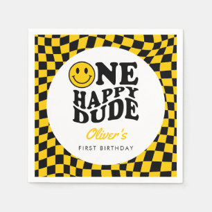 Yellow Chequered Smile Face 1st Birthday Custom Napkin