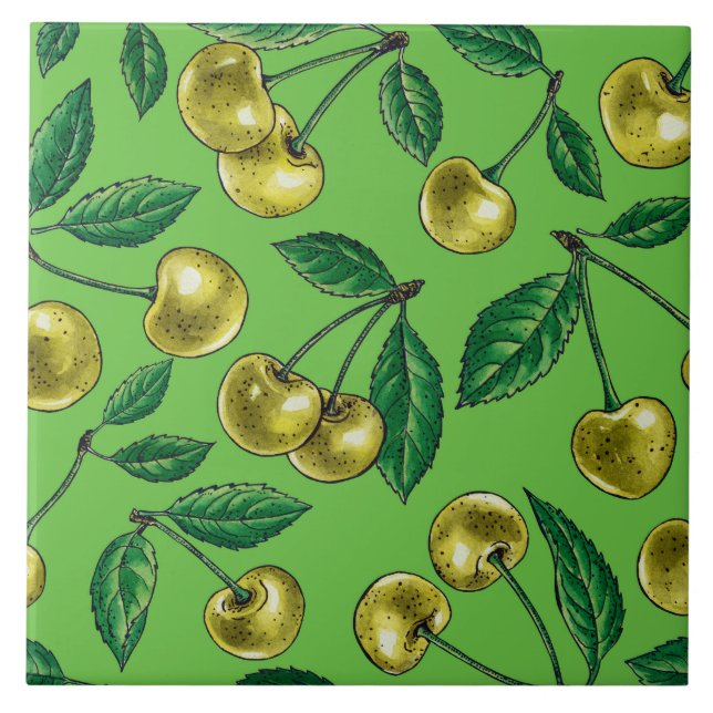 Yellow cherries ceramic tile (Front)