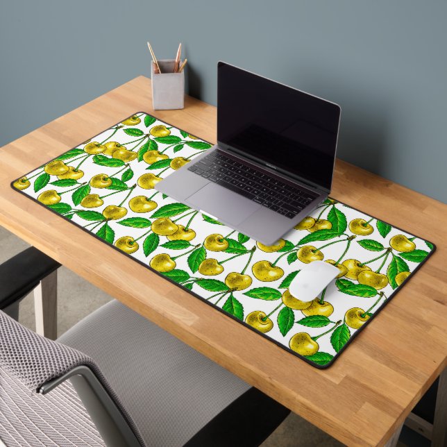 Yellow cherries on white desk mat (Office 2)