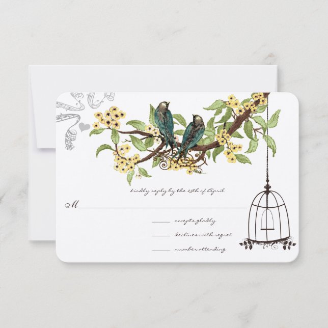 Yellow Cherry Blossoms Teal Birds Birdcage RSVP (Front)