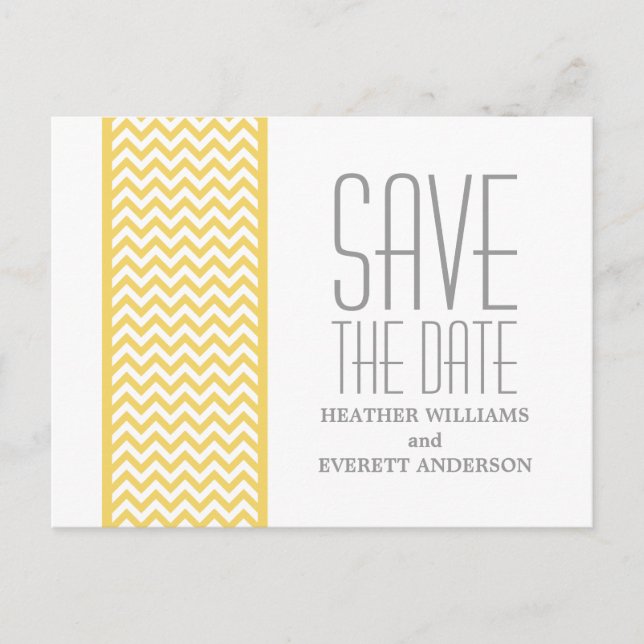Yellow Chevron Border Save the Date Postcard (Front)