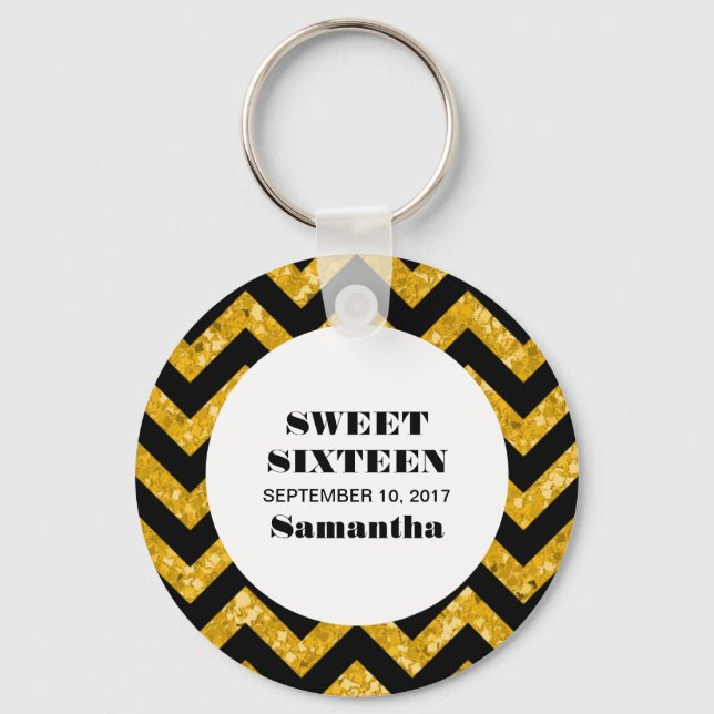 Yellow Chevron Glitter Sweet 16 Keychain (Front)