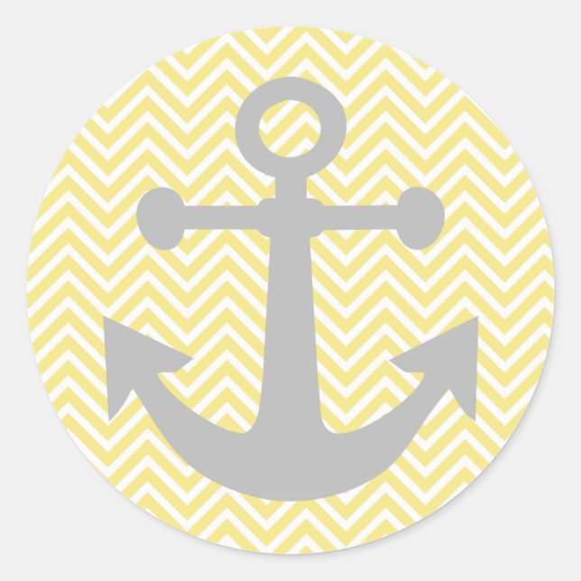 Yellow Chevron Grey Anchor Classic Round Sticker (Front)