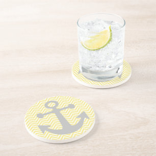 Yellow Chevron Grey Anchor Coaster