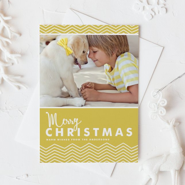 Yellow Chevron Pattern Merry Christmas Photo Holiday Card (Creator Uploaded)
