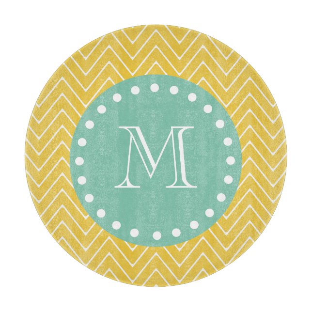 Yellow Chevron Pattern | Mint Green Monogram Cutting Board (Front)