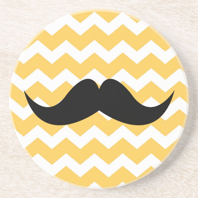 Yellow chevron pattern moustache thirsty sandstone coaster (Front)