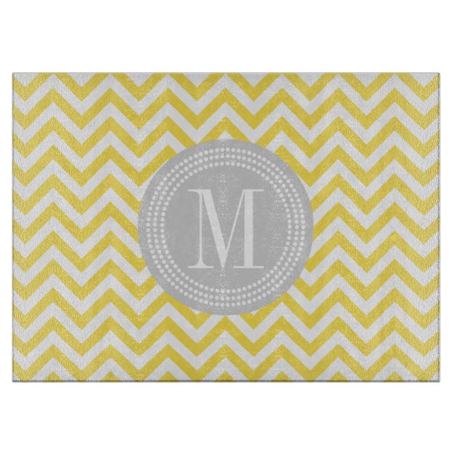 Yellow Chevron Zigzag Personalised Monogram Cutting Board (Front)