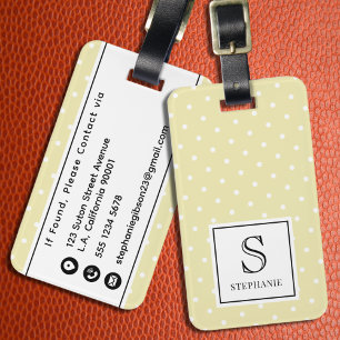 Yellow Chic Black Monogram & Name White Polka Dots Luggage Tag