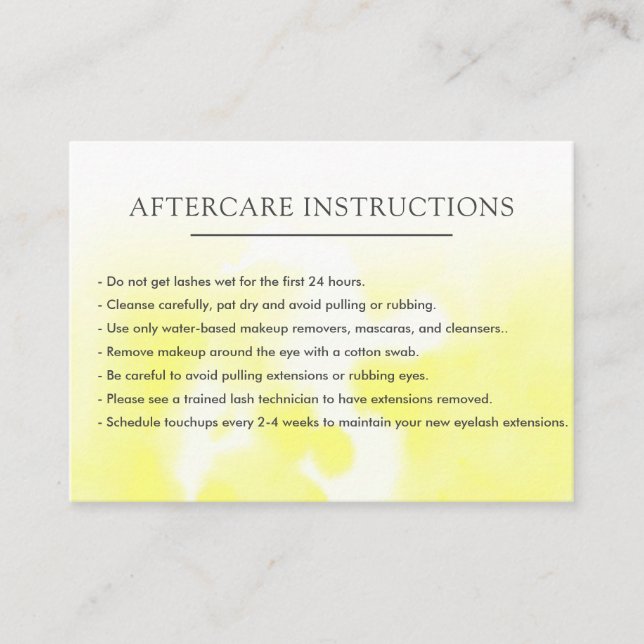 Yellow chic Lash Extension Microblading Aftercare Business Card (Front)
