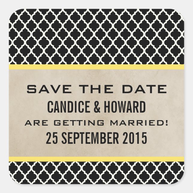 Yellow Chic Quatrefoil Save the Date Stickers (Front)