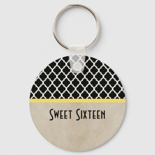 Yellow Chic Quatrefoil Sweet 16 Keychain