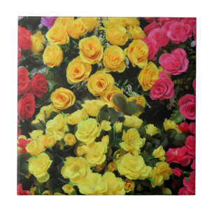 yellow,Chic, vintage, red, pink, roses, flowers, Ceramic Tile