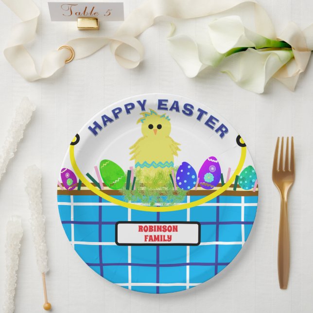 Yellow Chick Egg Blue White Easter Basket Paper Plate (Wedding)