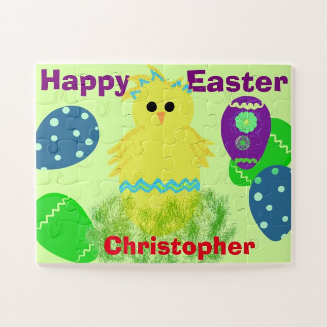 Yellow Chick Eggs Easter Personalised NAME Jigsaw Puzzle (Horizontal)