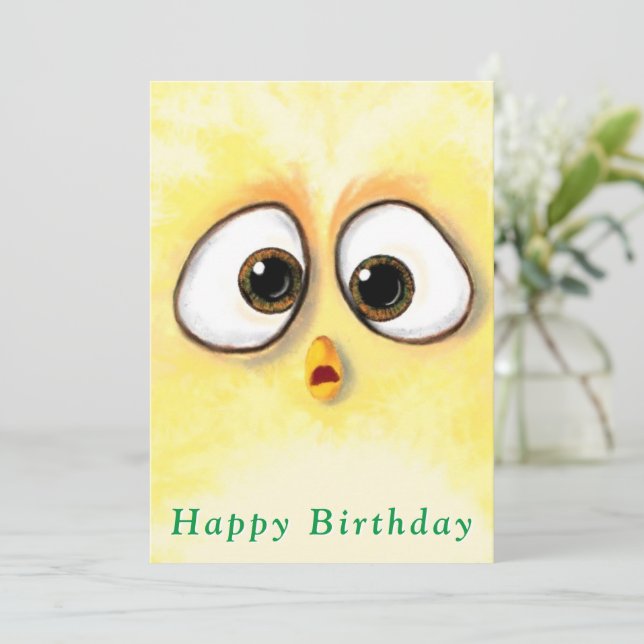 Yellow Chicken Surprised Eyes Card Happy Birthday (Standing Front)