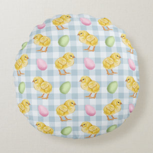 Yellow Chicks And Eggs On Blue Gingham Pattern Round Cushion