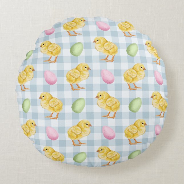 Yellow Chicks And Eggs On Blue Gingham Pattern Round Cushion (Front)