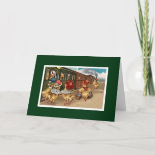 Yellow Chicks on the Train - Anthropomorphic Art Holiday Card