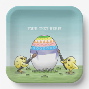 Yellow chicks paints a colorful Easter egg Paper Plate