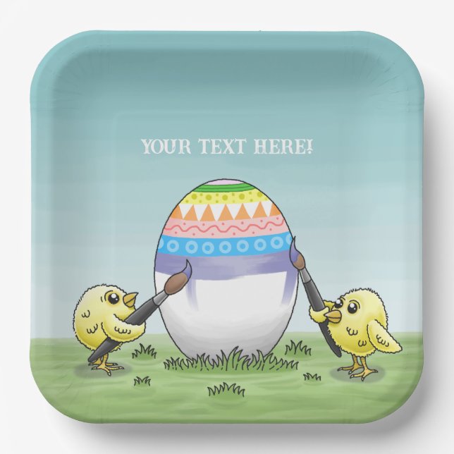 Yellow chicks paints a colourful Easter egg Paper Plate (Front)
