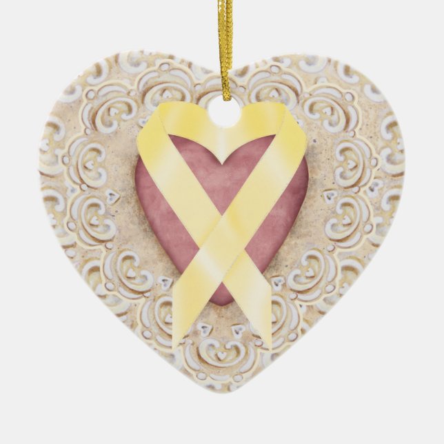 Yellow Childhood Cancer Ribbon From the Heart - SR Ceramic Tree Decoration (Front)