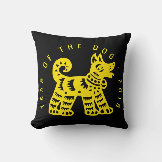 Yellow Chinese Papercut Dog Year 2018 Black Pillow (Front)