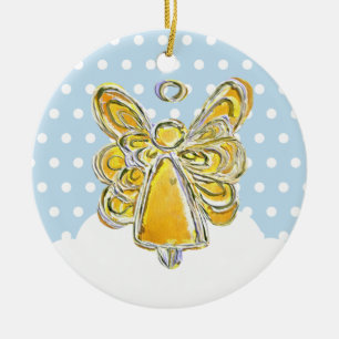 Yellow Christmas Angel Playing In Snow Ornament