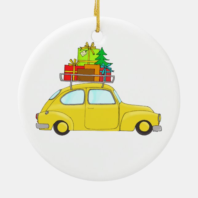 Yellow Christmas car towing tree Ceramic Tree Decoration (Back)
