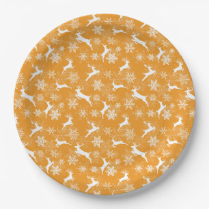 Yellow Christmas snowflakes deer pattern Paper Plate