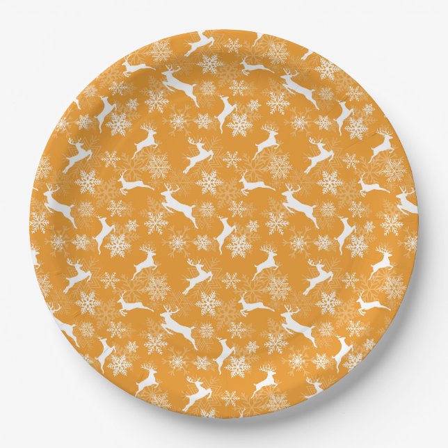 Yellow Christmas snowflakes deer pattern Paper Plate (Front)