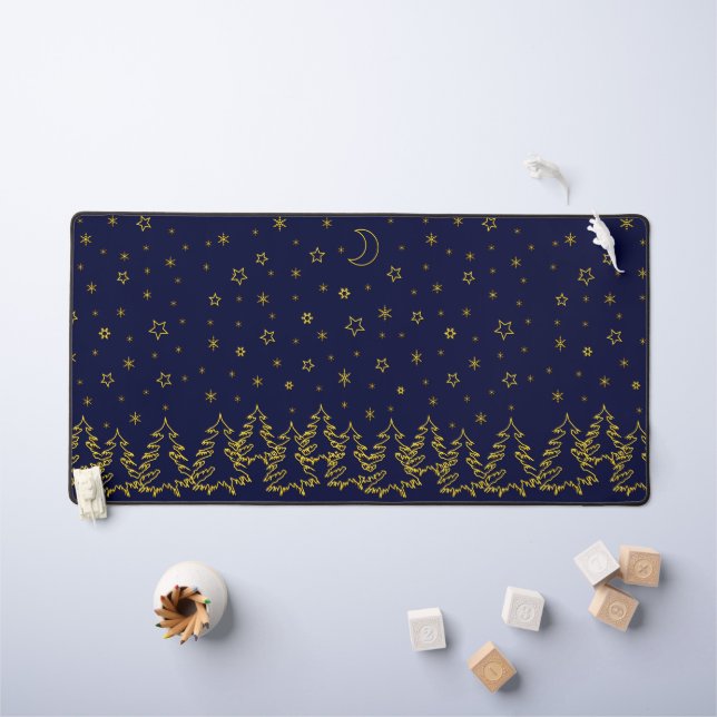 Yellow Christmas spruce trees and stars on blue Desk Mat (Kids Table)