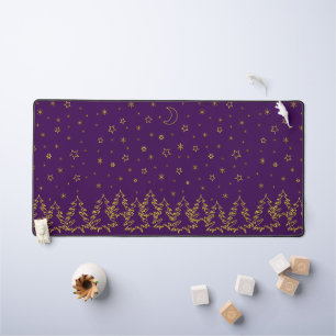 Yellow Christmas spruce trees and stars on purple Desk Mat