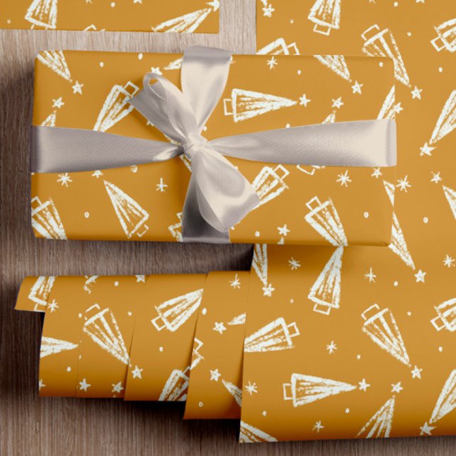 Yellow Christmas Trees Pattern Wrapping Paper (This vintage yellow ochre with white trees makes a unique gift wrap for your Christmas gifts)