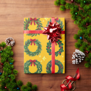 Yellow Christmas Wreath Wrapping Paper