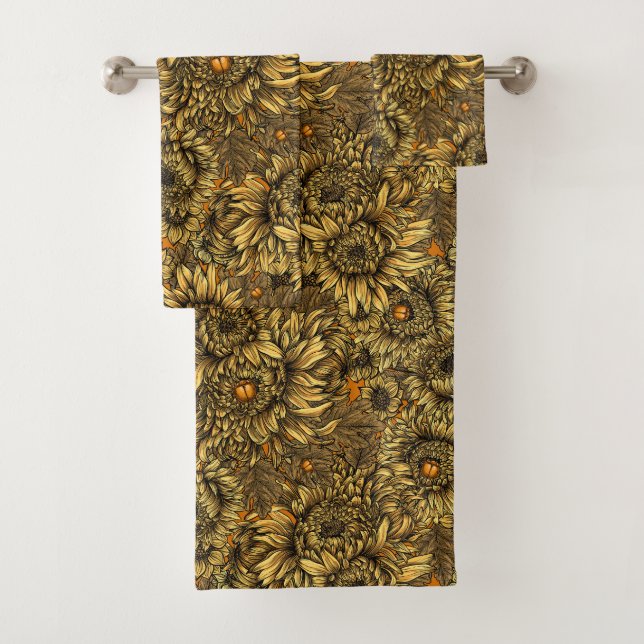 Yellow chrysanthemum flowers and orange beetles bath towel set (Insitu)