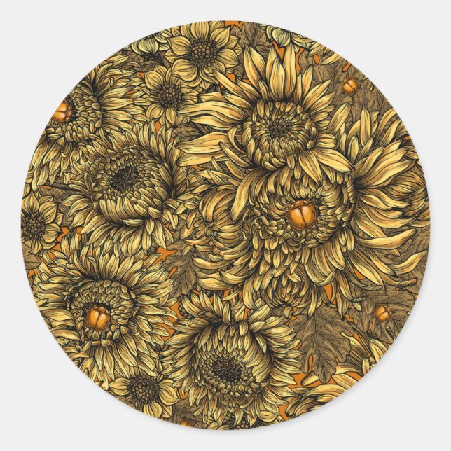 Yellow chrysanthemum flowers and orange beetles classic round sticker (Front)