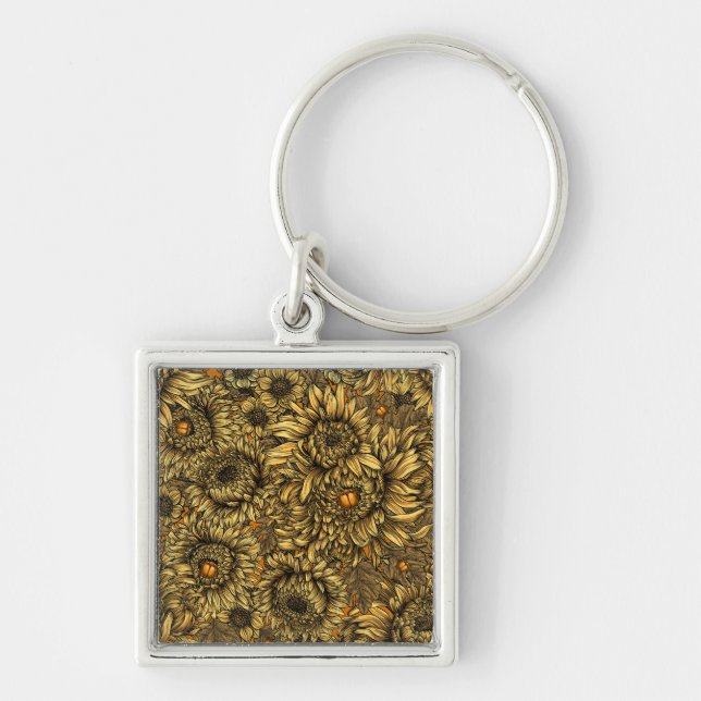 Yellow chrysanthemum flowers and orange beetles key ring (Front)