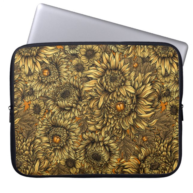 Yellow chrysanthemum flowers and orange beetles laptop sleeve (Front)