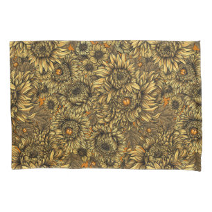 Yellow chrysanthemum flowers and orange beetles pillowcase