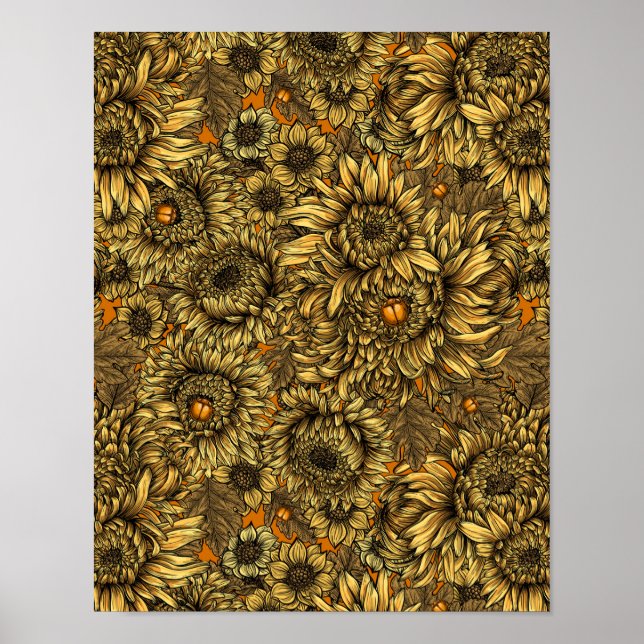 Yellow chrysanthemum flowers and orange beetles poster (Front)