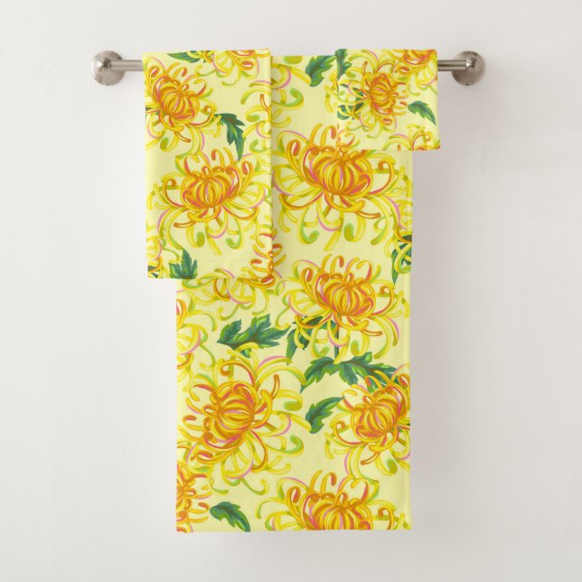 Yellow Chrysanthemum Flowers Bath Towel Set (Insitu)