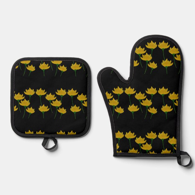 Yellow Chrysanthemum Flowers in Black Oven Mitt & Pot Holder Set (Front)