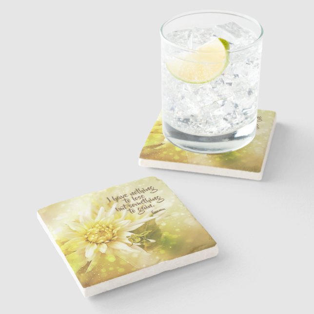 Yellow Chrysanthemum Marble Stone Coaster Quote (Side)