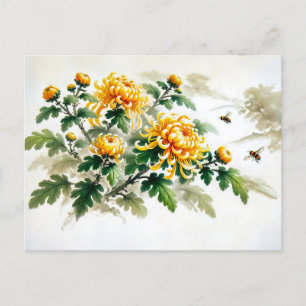 Yellow Chrysanthemums Asian Ink Painting Holiday Postcard