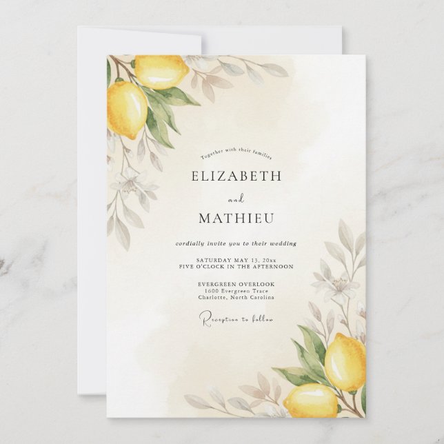 Yellow Citrus Leafy Wedding Invitation (Front)