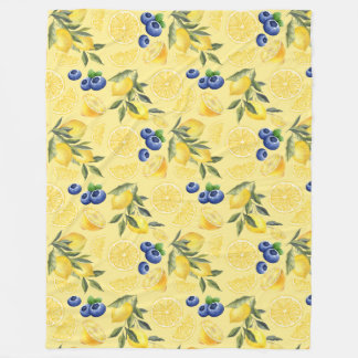 Yellow Citrus lemons and Blueberry Pattern Fleece Blanket