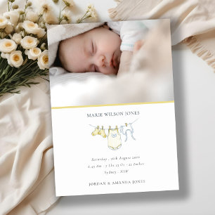 Yellow Clothesline Photo Baby Birth Announcement 