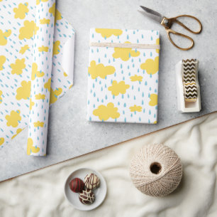 Yellow Clouds and Blue Rain Neutral Baby Shower Wrapping Paper